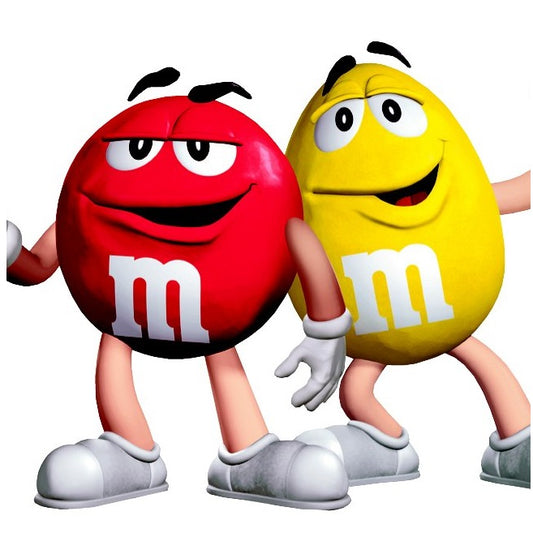 Red colored plain M&M cartoon character with yellow peanut M&M cartoon character