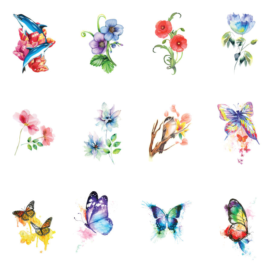 Close up of 12 beautiful nature watercolor designs