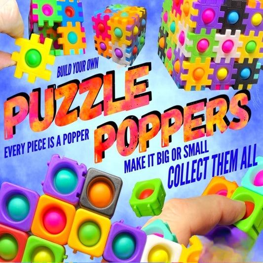 Blue display card for Puzzle Poppers