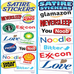 satire sticker display card front and back