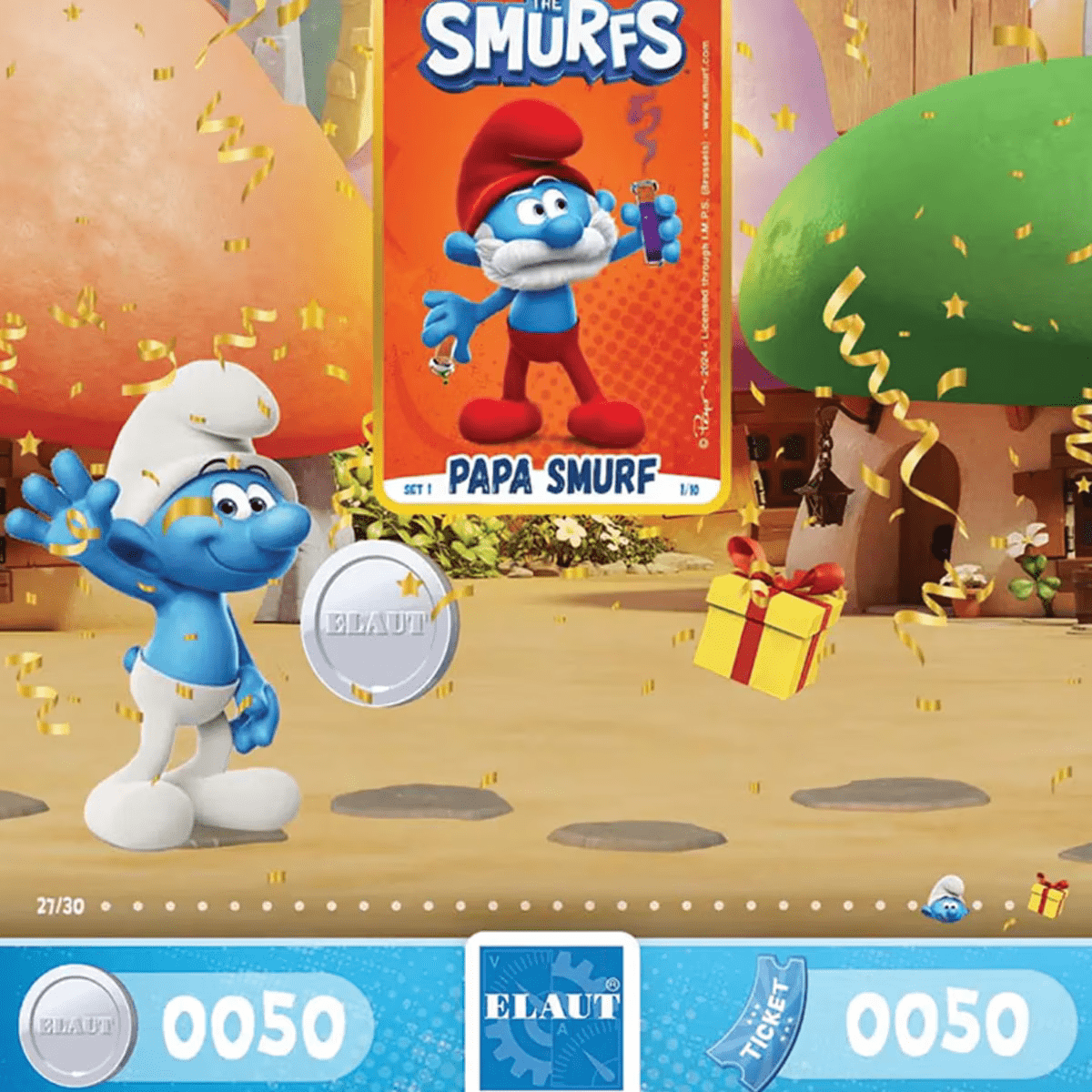 The Smurfs 2-Player Coin Pusher Novelty Arcade Game Machine With Capsules teractive Digital Display Papa Smutf