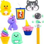 Close up view of the bitty buddy series 3  of a akita, dragon, unicorn cupcake, duck, soft served  ceam, erve ice cream, astronaut, boba tea, and unicorn