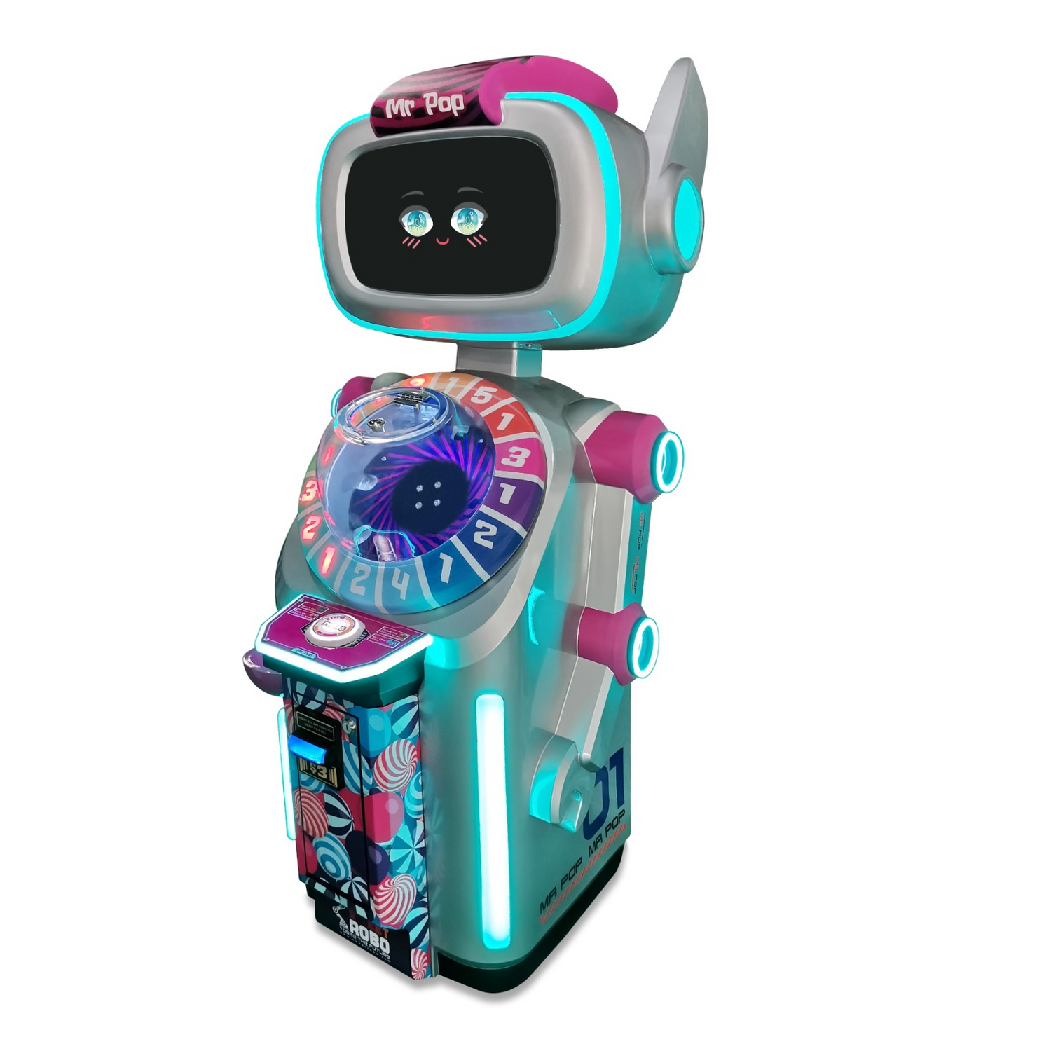 Left side view of Mr. Pop the Robot lollipop vending machine