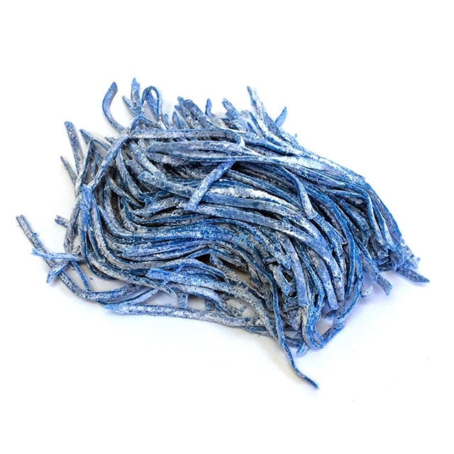 Close up of Big League Chew "Blue Raspberry" shredded gum