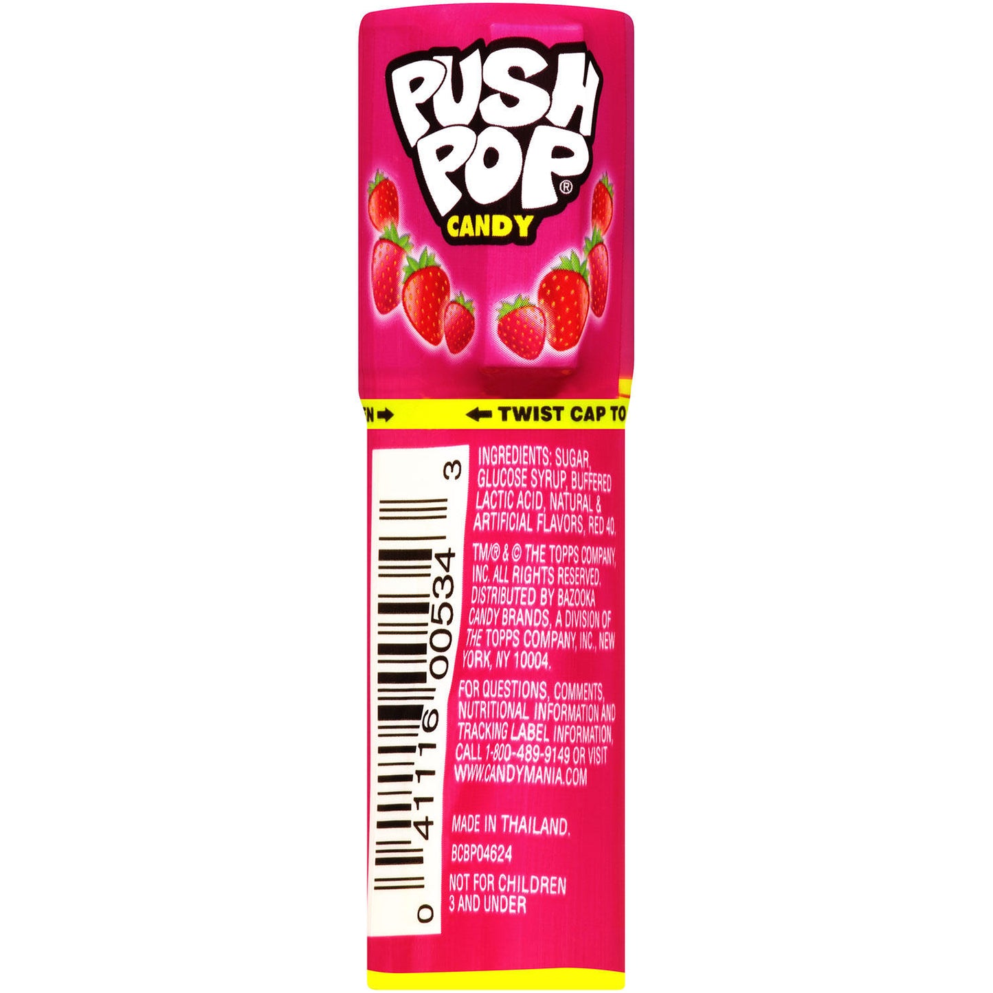 Back view of Push Pop strawberry candy showing ingredients