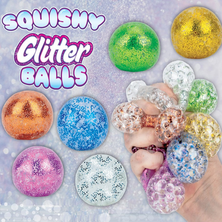 glitter display card of glitter bead balls in green, yellow, pink and clear.