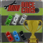 Mini Race Cars displayed in the colors green, white, silver, red, blue and black