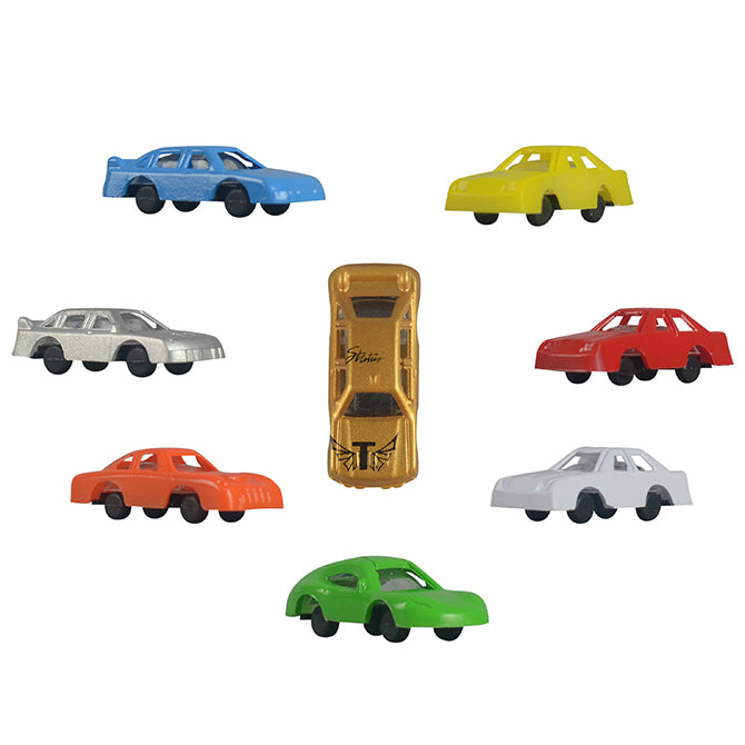 Mini Race Cars in blue, yellow, gold, red, sliver, orange, white and green. 