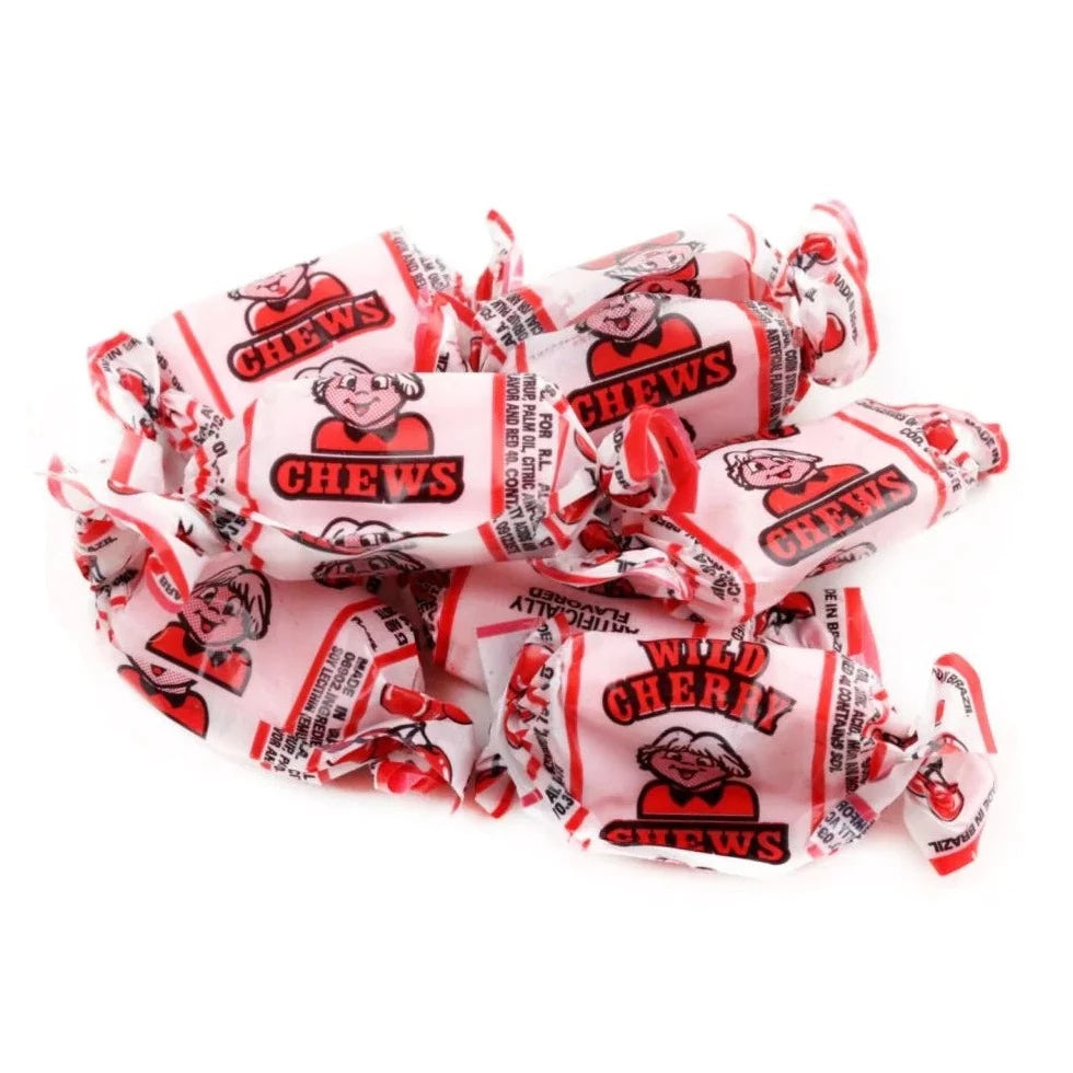 Big pile of wrapped Albert's Wild Cherry flavored chews