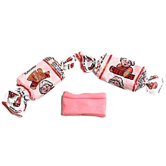 Close up of wrapped and unwrapped Albert's Wild Cherry flavored chew candy