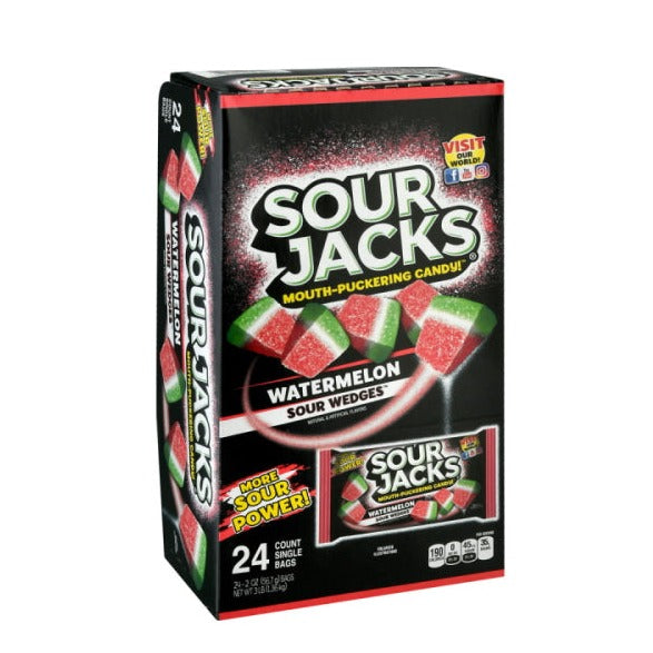 Display box of Sour Jacks "Mouth Puckering Candy" - 24 ct watermelon flavored bags of candy