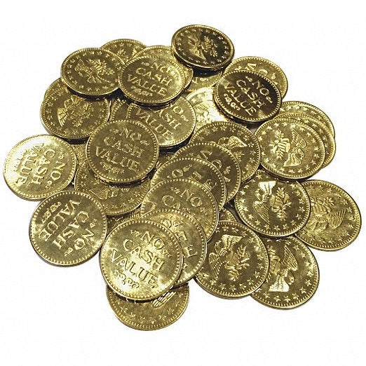 Pile of "No Cash Value" vending tokens in brass finish